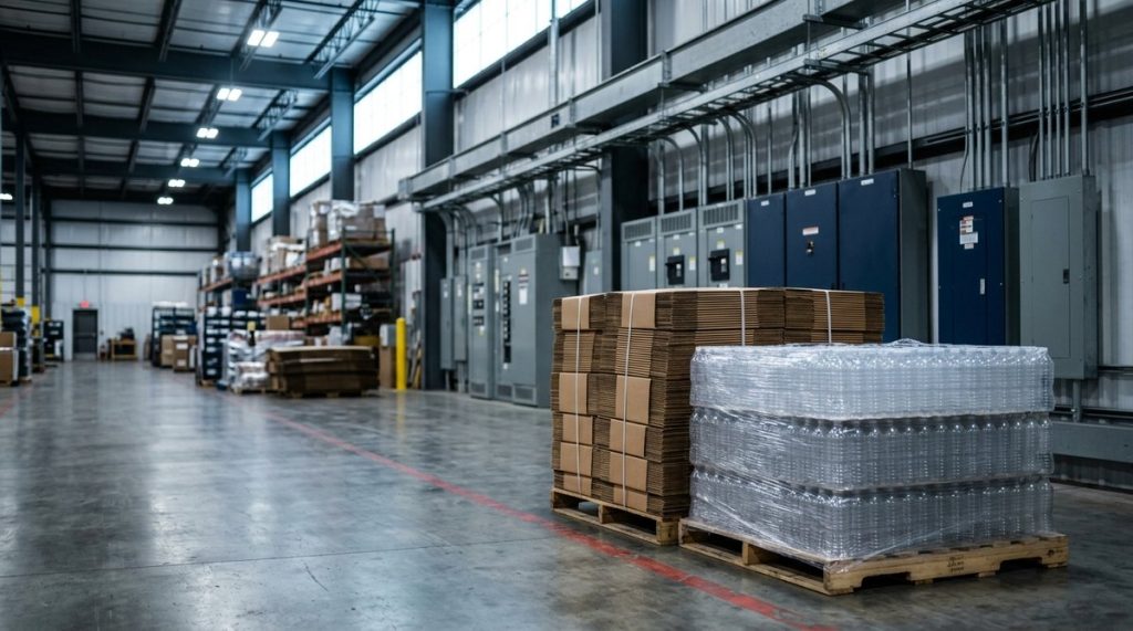 Corrugated cases and PET bottles on pallets beside the electrical panels of a United States packaging plant