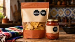 Empaque de totopos y frasco de salsa con sellos octagonales de advertencia EXCESO CALORÍAS y EXCESO SODIO según la NOM-051 de México