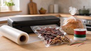Bolsas gofradas para vacío y alambre plastificado tipo twist para conservar y cerrar alimentos