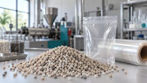 Pellets de resina con contenido reciclado posconsumo junto a un empaque flexible monomaterial de polietileno