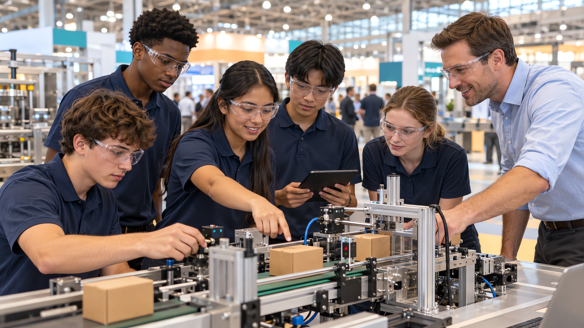 Estudiantes y un profesional de la industria armando un prototipo de máquina de empaque en PACK EXPO International 2026