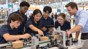 Students and an industry professional assembling a packaging machine prototype at PACK EXPO International 2026