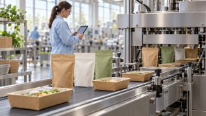 Sustainable packaging materials: recyclable kraft pouches and trays on a filling line with a technician